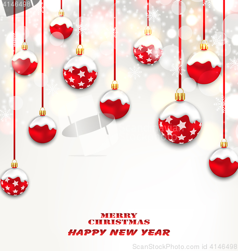 Image of Christmas Red Glassy Balls on Shimmering Light Background