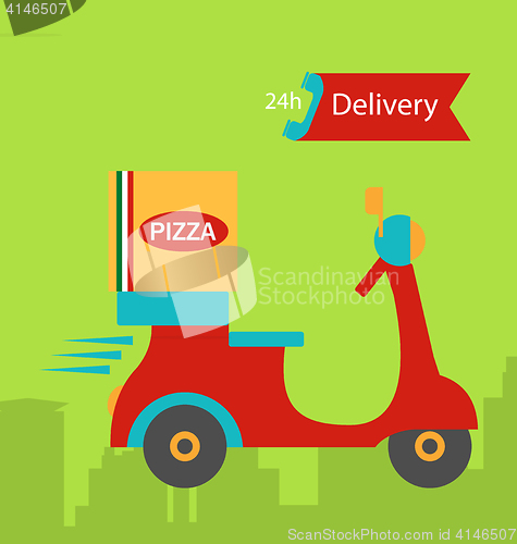 Image of Funny pizza delivery boy riding red motor bike