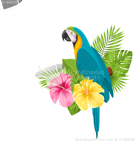 Image of Parrot Ara, Colorful Exotic Flowers Blossom and Tropical Leaves