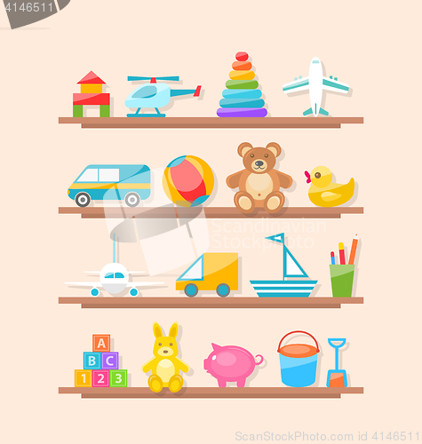 Image of Set of Colorful Children Toys on Shelf. Cartoon Baby Joys