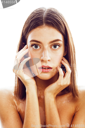 Image of beautiful young brunette woman with vitiligo disease close up isolated on white positive smiling, model problems concept, bad tan problem