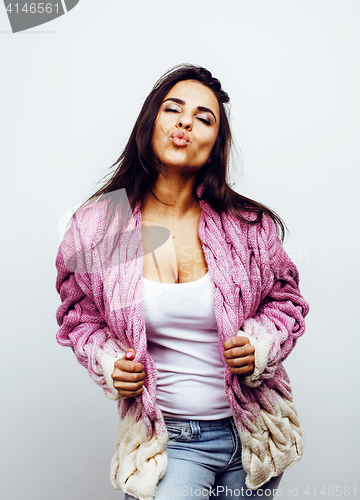 Image of young happy smiling latin american teenage girl emotional posing on white background, lifestyle people concept