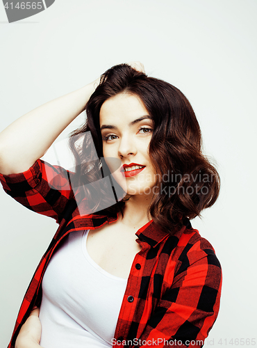 Image of young pretty stylish hipster girl posing emotional isolated on white background happy smiling cool smile, lifestyle people concept