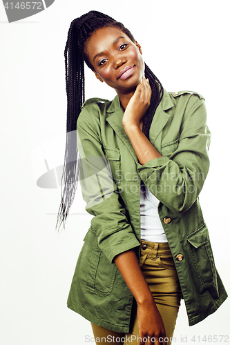 Image of young pretty african-american girl posing cheerful emotional on white background isolated, lifestyle people concept