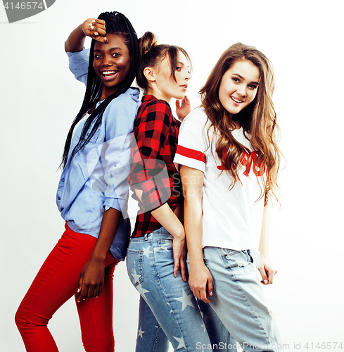 Image of diverse multi nation girls group, teenage friends company cheerful having fun, happy smiling, cute posing isolated on white background, lifestyle people concept, african-american and caucasian