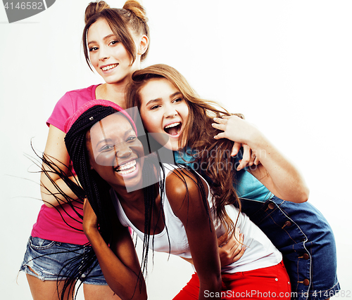 Image of diverse multi nation girls group, teenage friends company cheerful having fun, happy smiling, cute posing isolated on white background, lifestyle people concept, african-american and caucasian