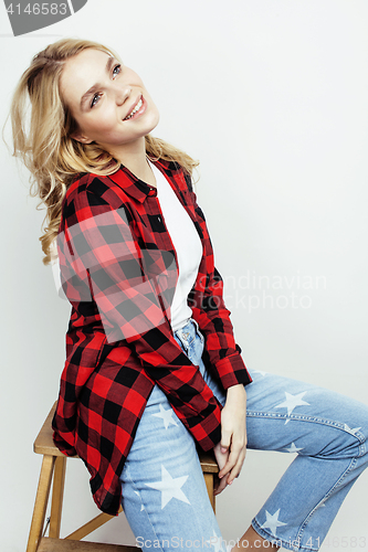 Image of young pretty stylish hipster teen girl posing emotional isolated on white background happy smiling cool smile, lifestyle people concept