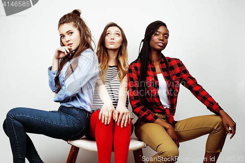 Image of diverse multi nation girls group, teenage friends company cheerful having fun, happy smiling, cute posing isolated on white background, lifestyle people concept, african-american and caucasian