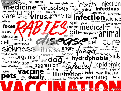 Image of Rabies - viral incurable disease of humans and animals. Health care word text block.