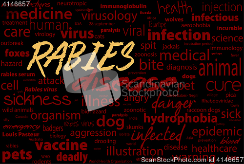 Image of Rabies - viral incurable disease of humans and animals. Health care word text block.