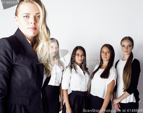 Image of lot of businesswomen happy smiling celebrating success of team victory on work, dress code black and white official, lifestyle people concept