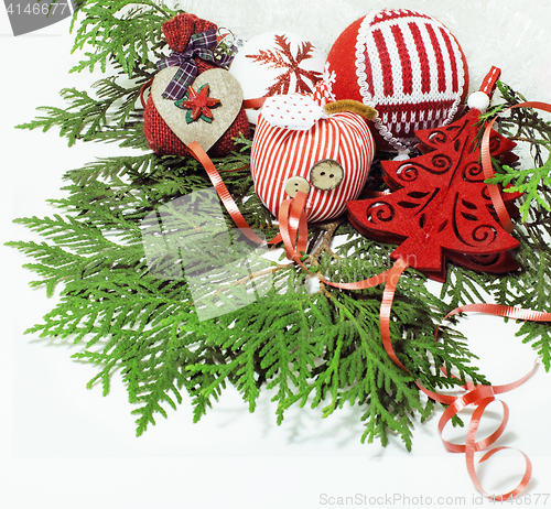 Image of christmas decoration isolated , white background for post card gift vintage, copyspace for text, fashion stylish red toys