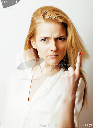 Image of young blond woman on white backgroung gesture thumbs up, isolate