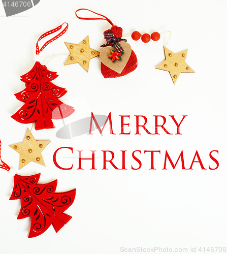 Image of christmas decoration isolated , white background for post card gift vintage, copyspace for text, fashion stylish red toys
