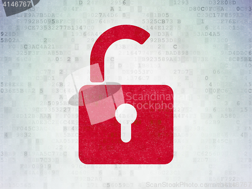 Image of Safety concept: Opened Padlock on Digital Data Paper background