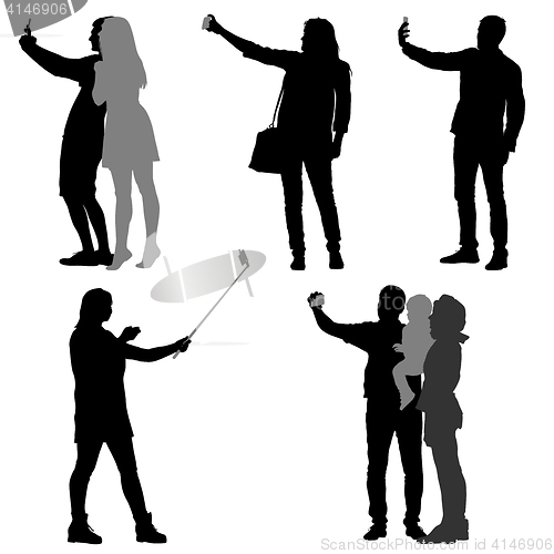 Image of Silhouettes man and woman taking selfie with smartphone on white background. illustration