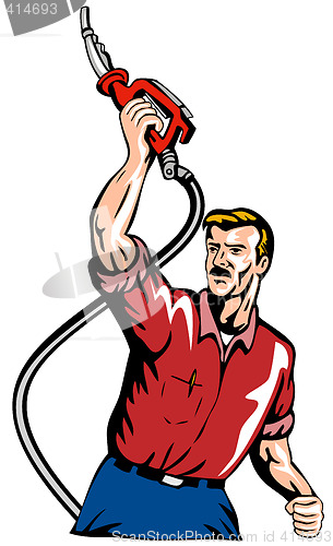 Image of Man raising a gasoline pump nozzle