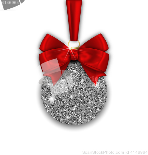 Image of Glitter Christmas Ball and Red Bow Ribbon with Silver Surface