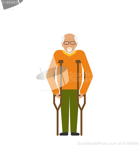 Image of Older Man with Crutches. Disability, Elderly, Grandfather