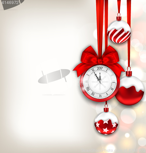 Image of New Year Shimmering Background with Clock and Glass Balls