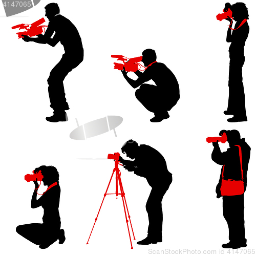 Image of Set cameraman with video camera. Silhouettes on white background. illustration