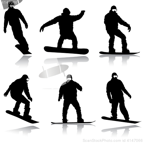 Image of Set black silhouettes snowboarders on white background.