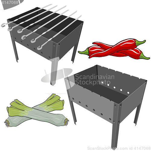 Image of black BBQ Grill with onions and red pepper on white background