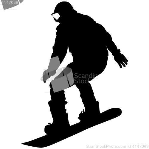 Image of Black silhouettes snowboarders on white background.