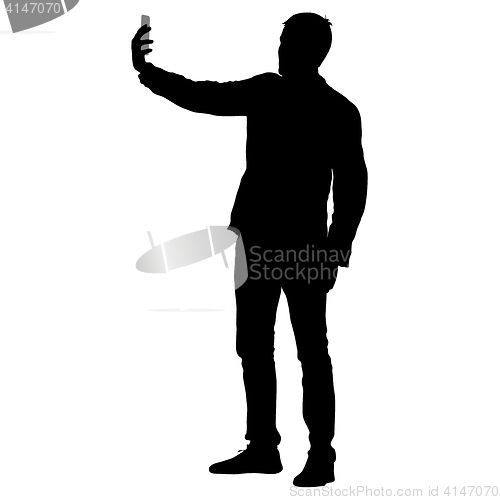 Image of Silhouettes man taking selfie with smartphone on white background. illustration