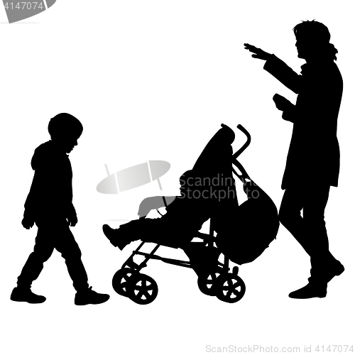 Image of Black silhouettes Family with pram on white background. illustration