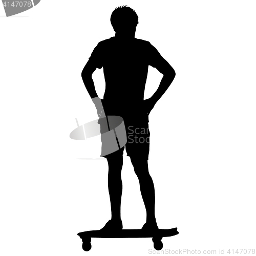 Image of Black silhouettes man standing on a skateboard white background. illustration