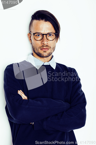 Image of handsome middle age hipster man with modern hairstyle and tattoo, beard, close up on white background