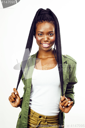 Image of young pretty african-american girl posing cheerful emotional on white background isolated, lifestyle people concept