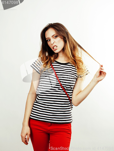 Image of young pretty stylish hipster girl posing emotional isolated on white background happy smiling cool smile, lifestyle people concept