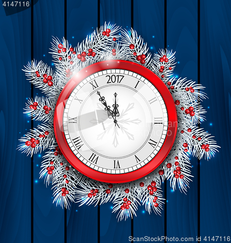 Image of Christmas Fir Twigs with Clock for 2017 New Year