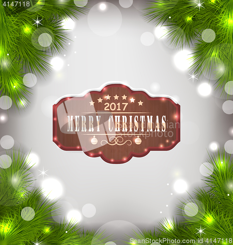 Image of Holiday Banner with Fir Branches and Wooden Sign with Wishes