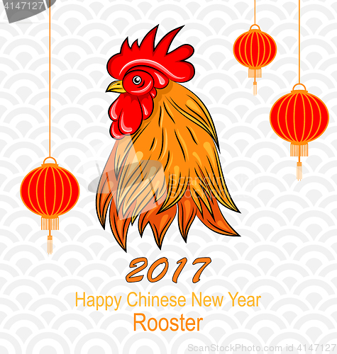 Image of Head of Rooster with Chinese Lanterns for Happy New Year