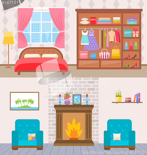 Image of Bedroom with furniture and window. Wardrobe with clothes and mirror. Flat style vector illustration.