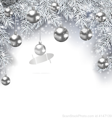 Image of New Year Snowing Background with Silver Christmas Balls