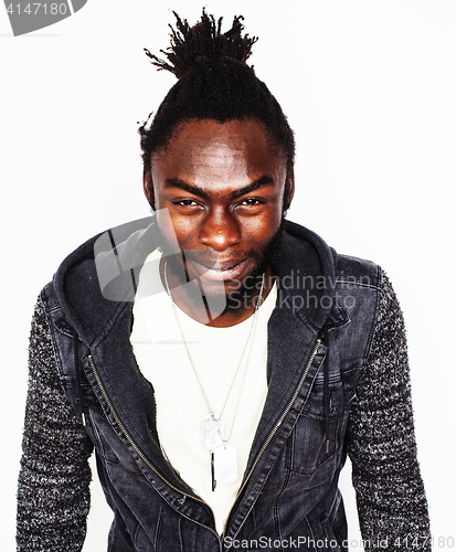 Image of young handsome african american boy smiling emotional isolated on white background, in motion gesturing smiling, lifestyle people concept