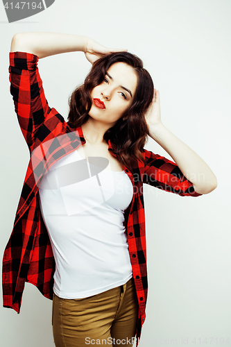 Image of young pretty stylish hipster girl posing emotional isolated on white background happy smiling cool smile, lifestyle people concept