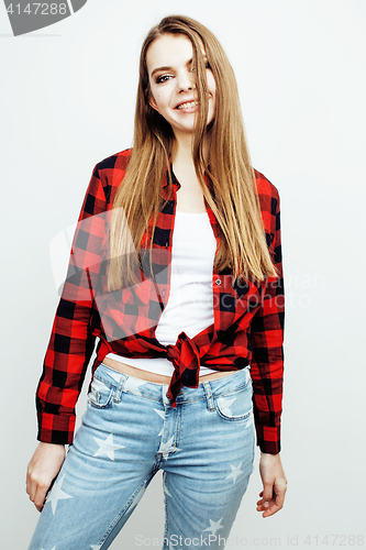 Image of young pretty stylish hipster teen blond girl posing emotional isolated on white background happy smiling cool smile, lifestyle people concept