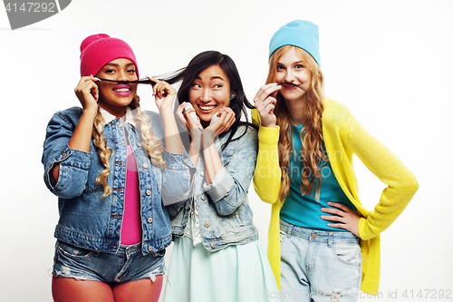 Image of diverse nation girls group, teenage friends company cheerful having fun, happy smiling, cute posing isolated on white background, lifestyle people concept