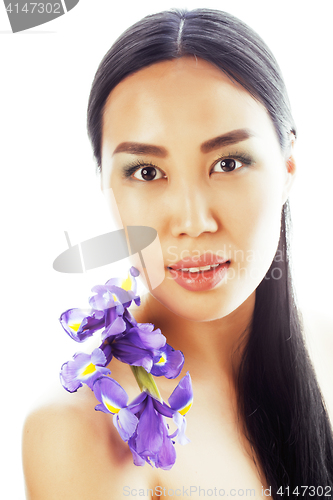 Image of young pretty asian woman with flower orchid close up isolated sp