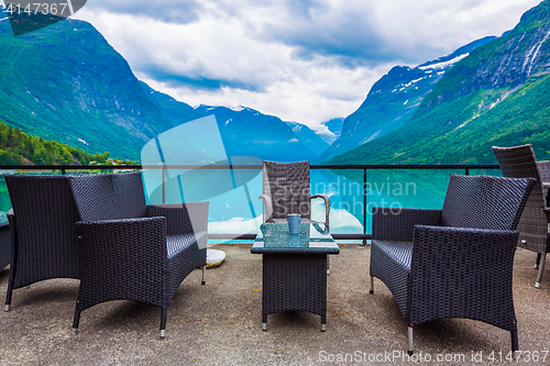 Image of Cafe on the nature background lovatnet lake.