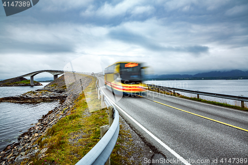 Image of Public bus traveling on the road in Norway