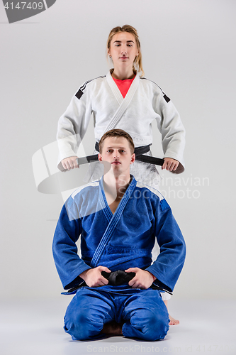 Image of The two judokas fighters posing on gray