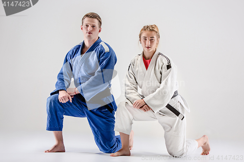 Image of The two judokas fighters posing on gray