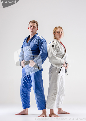 Image of The two judokas fighters posing on gray