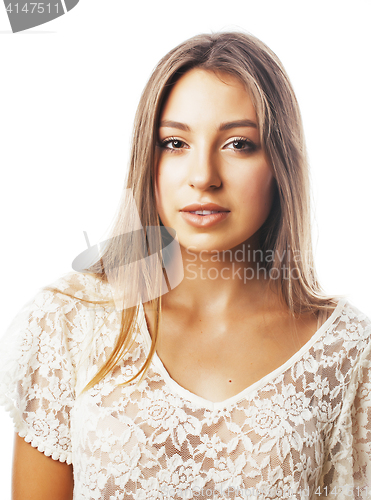 Image of young beauty woman smiling dreaming isolated on white close up e